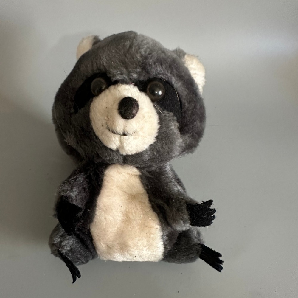 Vintage 1974 R Dakin Raccoon Plush Stuffed Animal Grey White Masked Toy Korea